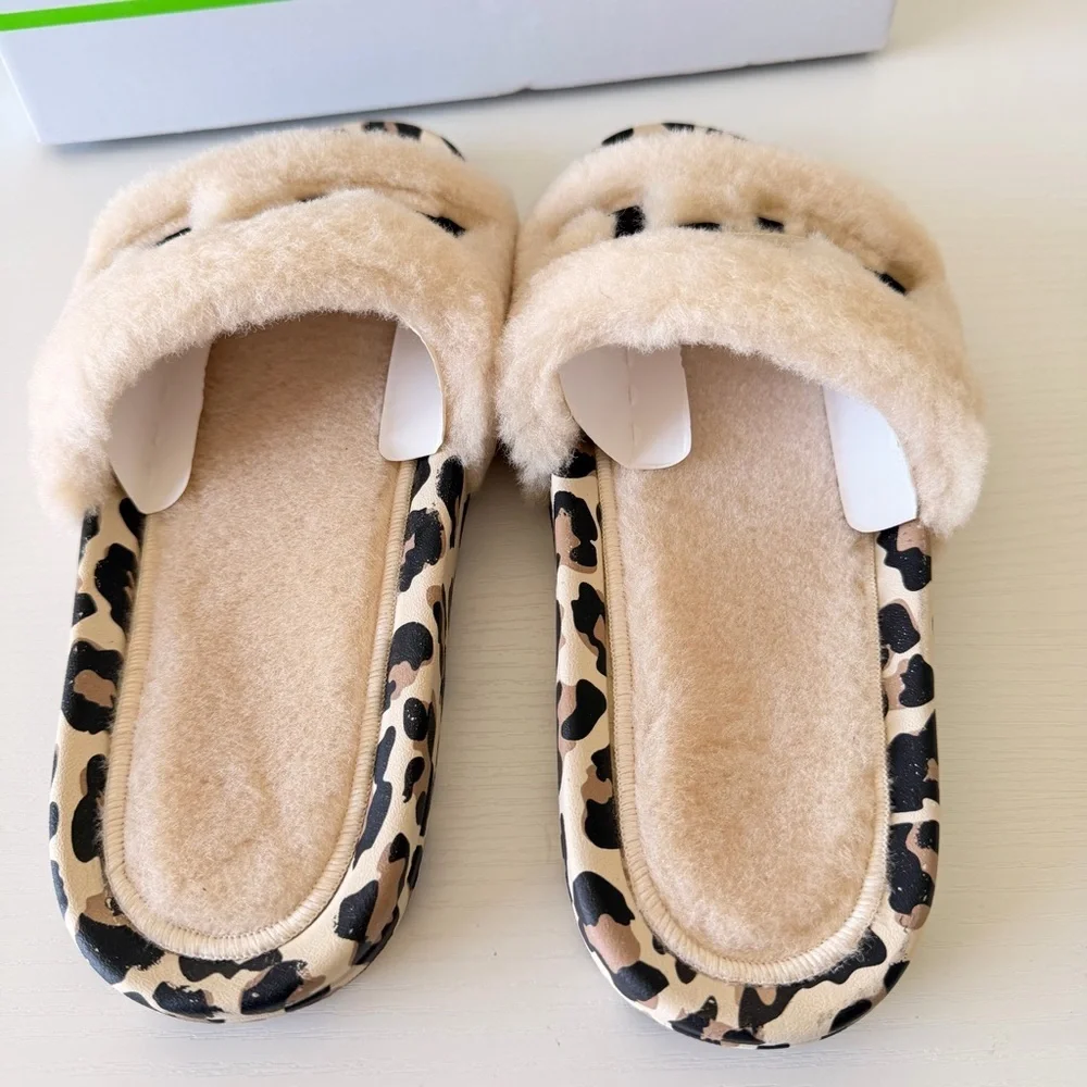 New! APL Beige Fuzzy Slide Sandals with Leopard Trim and Black Logo, Size 7